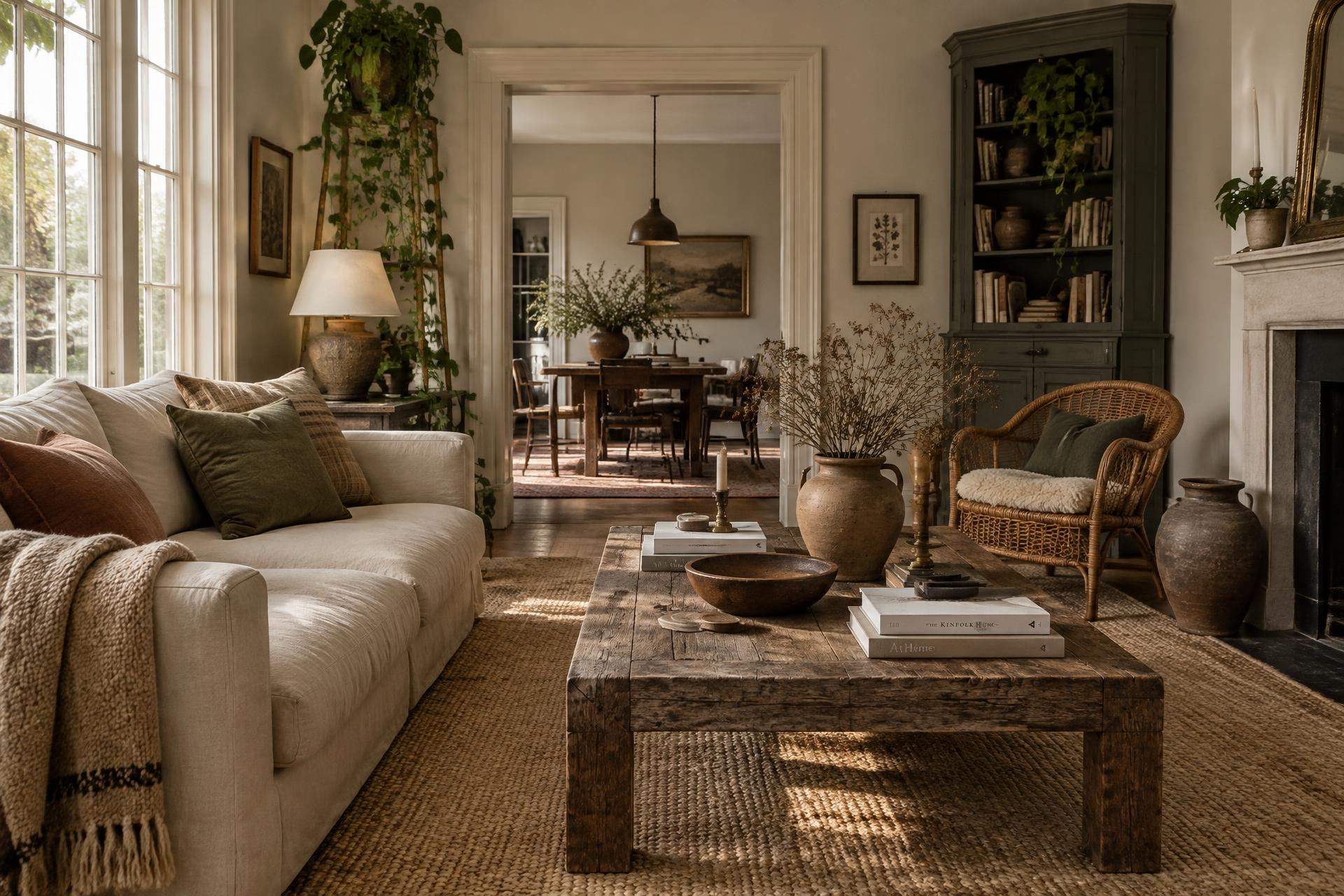 A warm, lived-in living room with a linen sofa, rustic wooden coffee table, woven jute rug, rattan chair, plants, and a view through to a dining room.