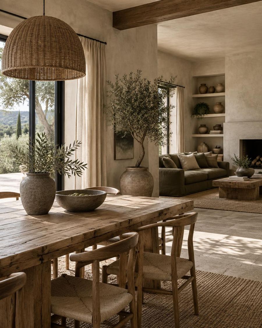 A spacious open-plan dining and living area with a rustic oak table, woven chairs, a potted olive tree, and textured plaster walls.