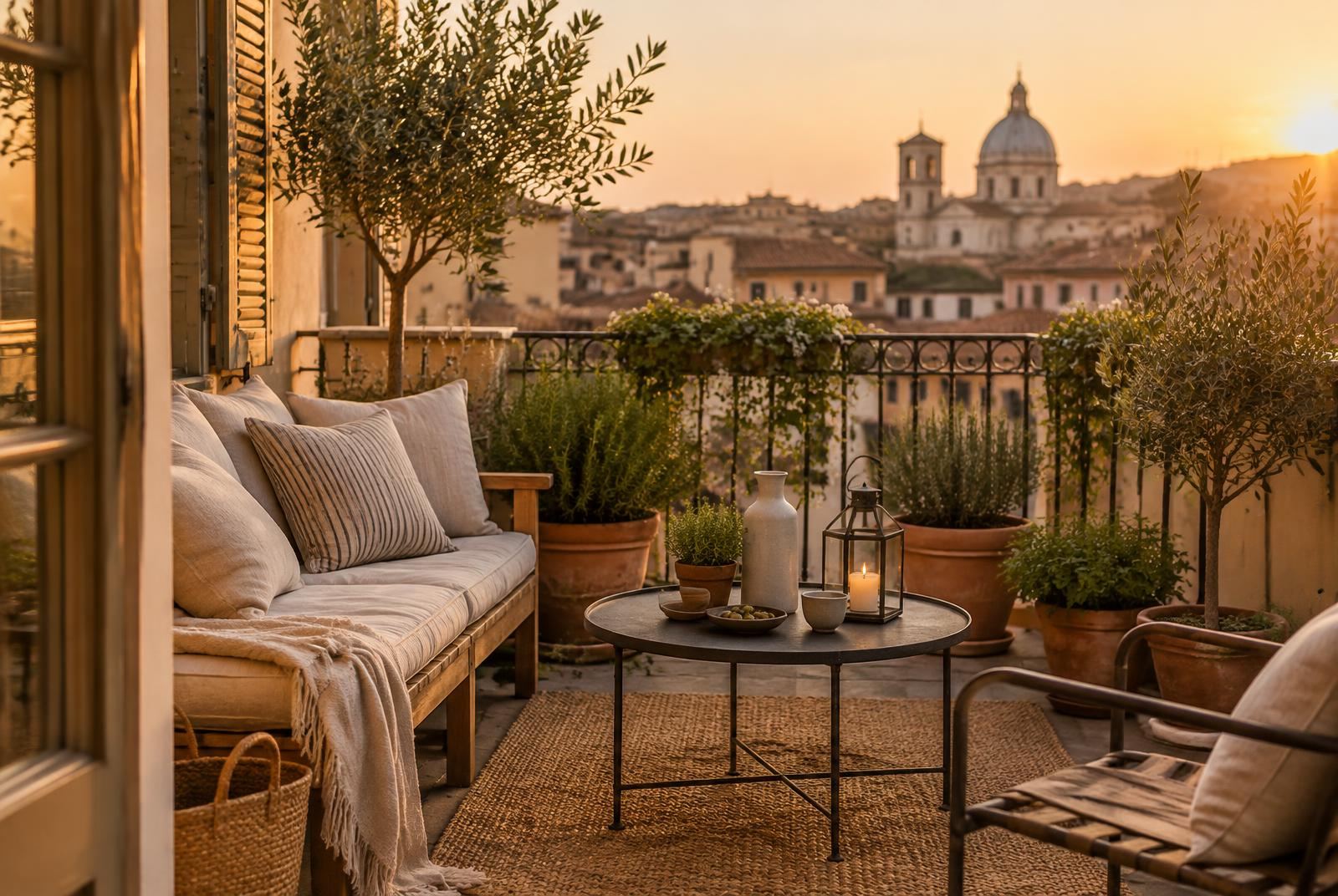 A styled city balcony at sunset with a cushioned wooden bench, potted olive trees and herbs in terracotta, a jute rug, and a lantern on a small round table.